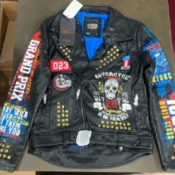 Copper Rivet Black Leather Bomber Jacket with Removable Faux Fur Collar - Picture 3 of 4